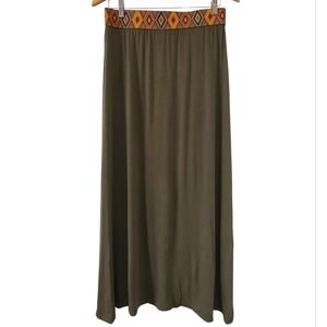 Twik Olive Green Maxi Skirt Aztec Pattern Waistband Boho Tribal Size L